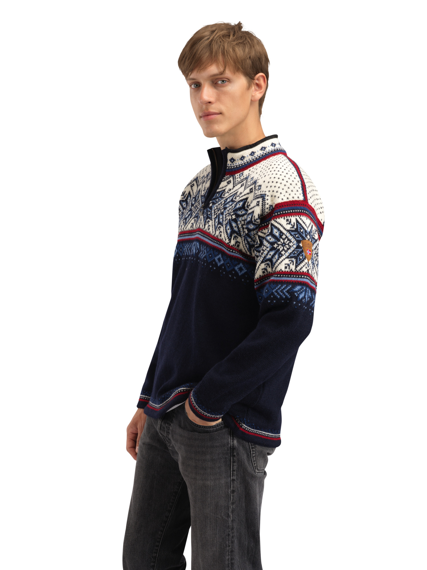 Vail Men's Sweater - Norwegian Wool Midnightnavy Redrose Offwhite
