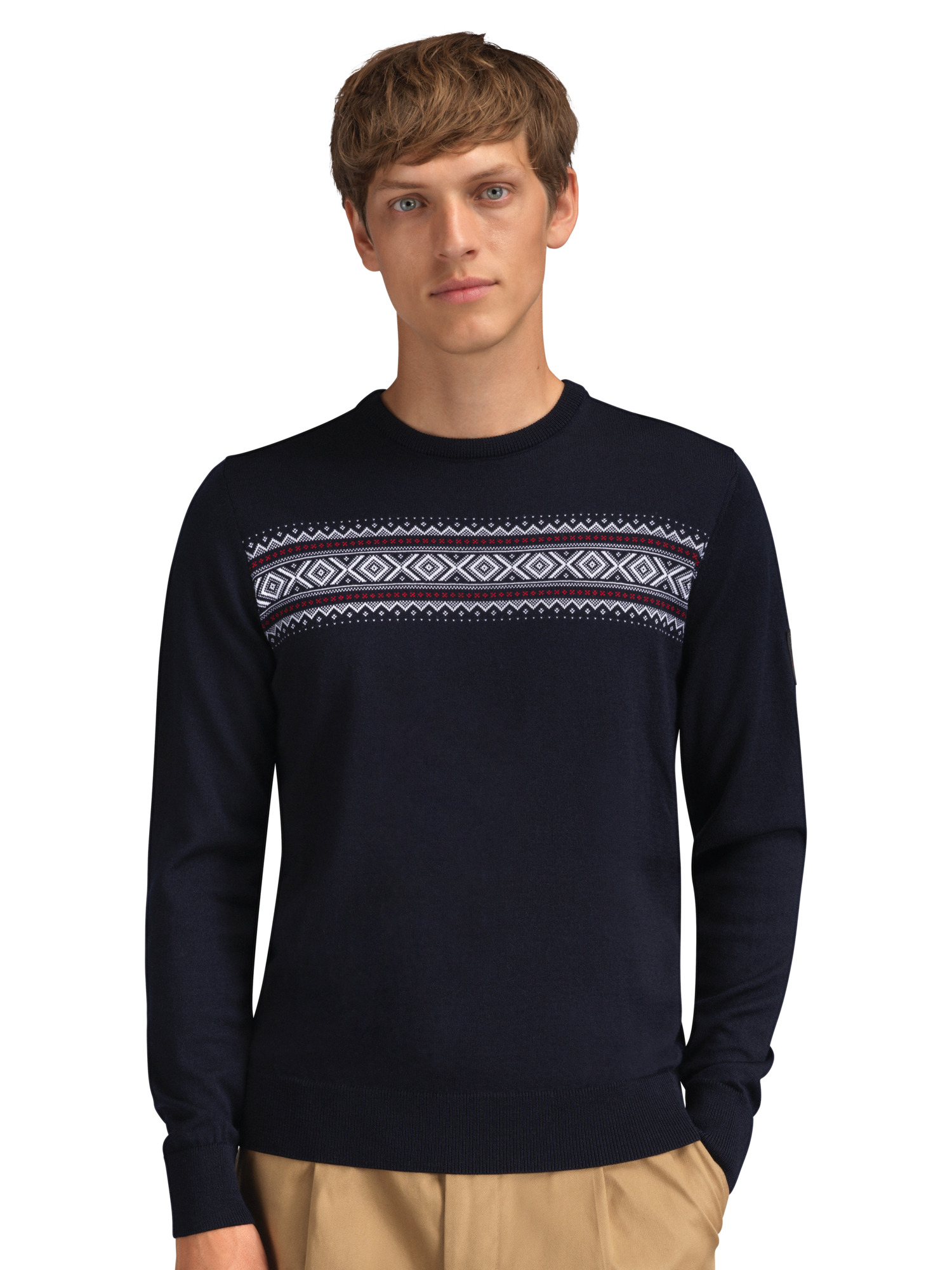 Sverre Men’s Sweater - Merino Wool Dark Navy white raspberry