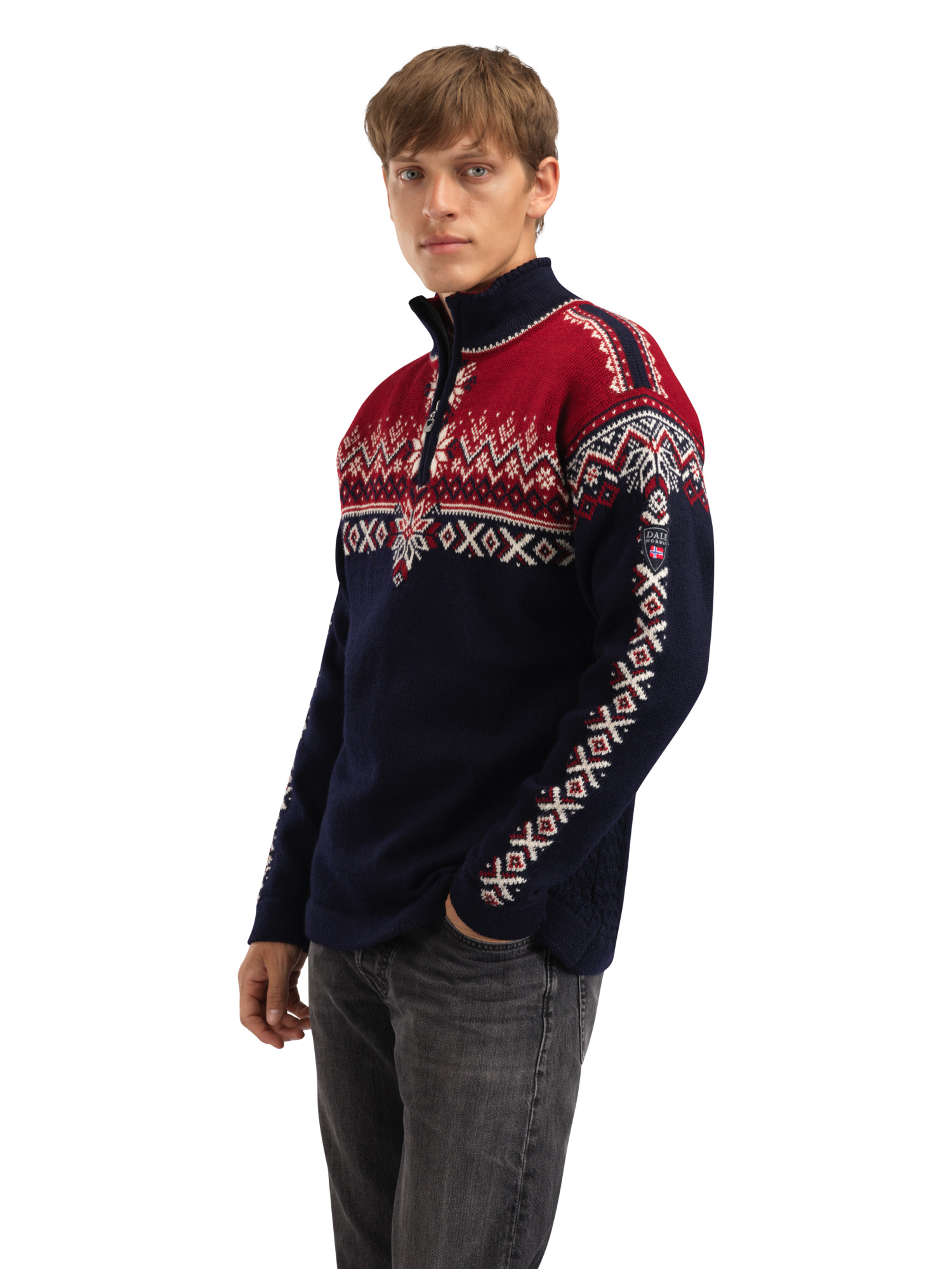 140th Anniversary Men’s Sweater - Norwegian Wool Navy Redrose Offwhite