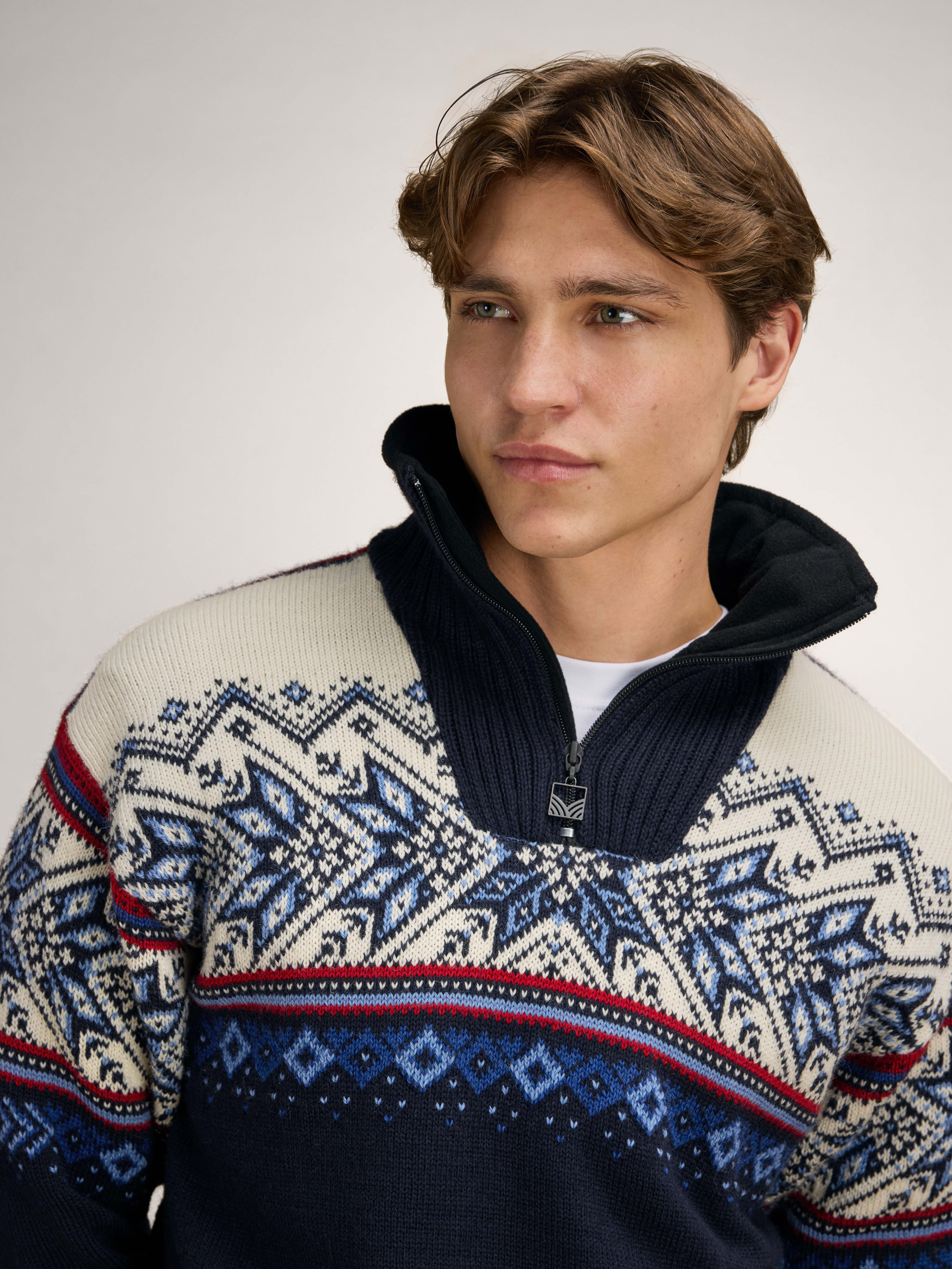 Vail Windproof Men’s Sweater - Norwegian Wool  Navy Red Offwhite Indigo Blue