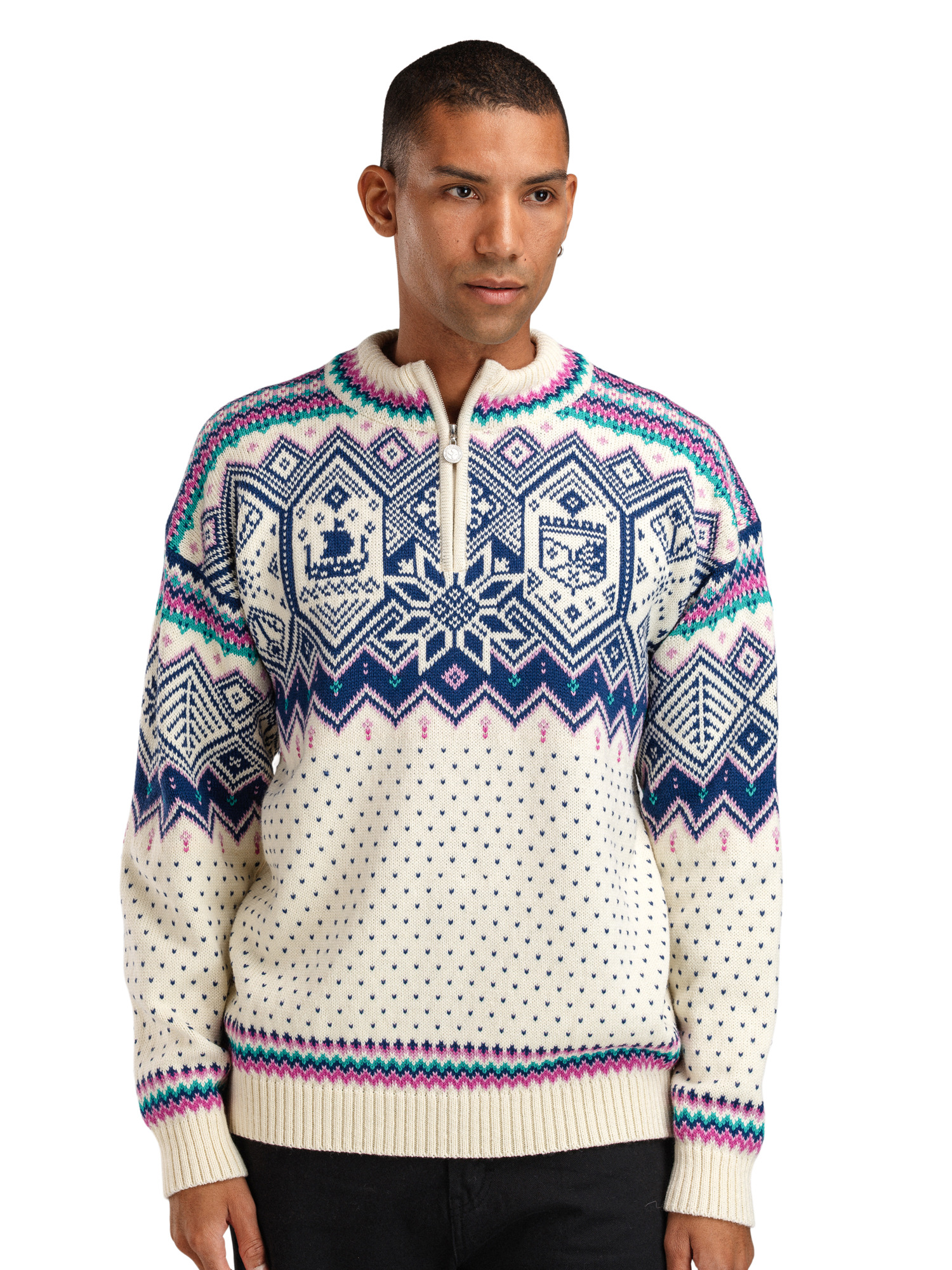 2025 Trondheim Men's Wool Sweater Offwhite  Indigo Orchid